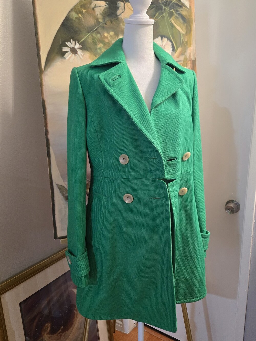Banana Republic Vintage Kelly Green DoubleBreasted Textured Peacoat Trench Small